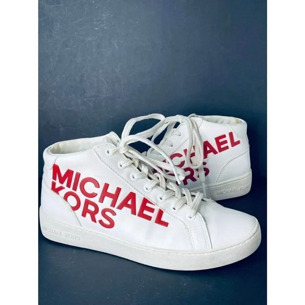 🛍️Michael Kors White Sneakers with Red Logo Mid-High-Tops - Picture 11 of 16